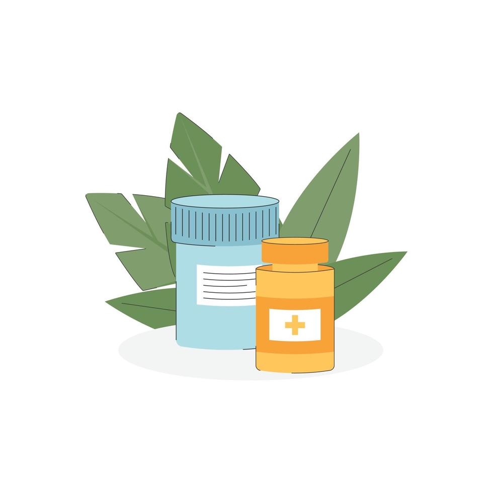 medizinisches Konzept. Medikamente, Medizin-Gläser auf einem grünen Hintergrund, isoliert auf weißem Hintergrund. flache Vektorillustration. vektor