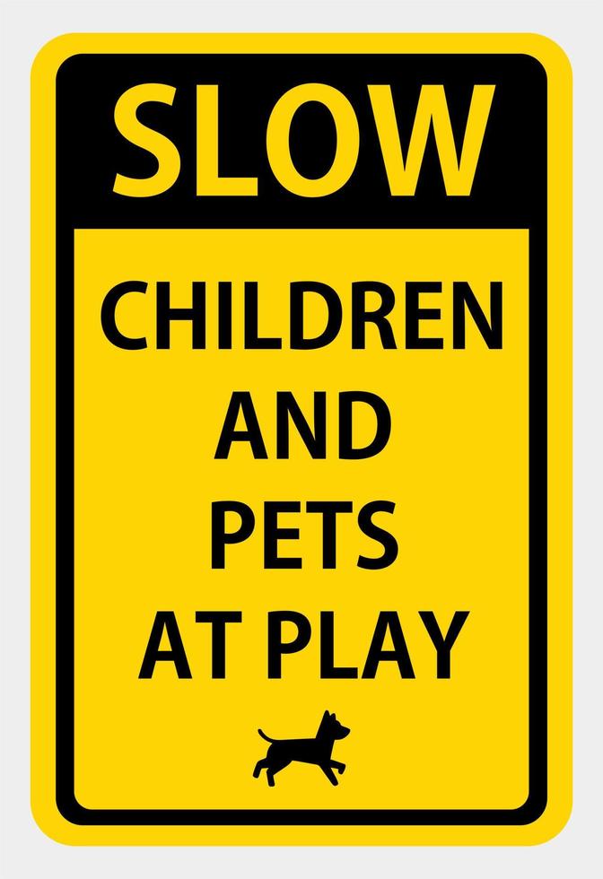 långsamma barn och husdjur som leker. säkerhet tecken vektor illustration. osha och ansi standardskylt. eps10