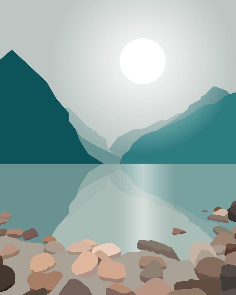 minimalistiskt platt landskap med sjö och berg för kort, banderoller, annons. vektor