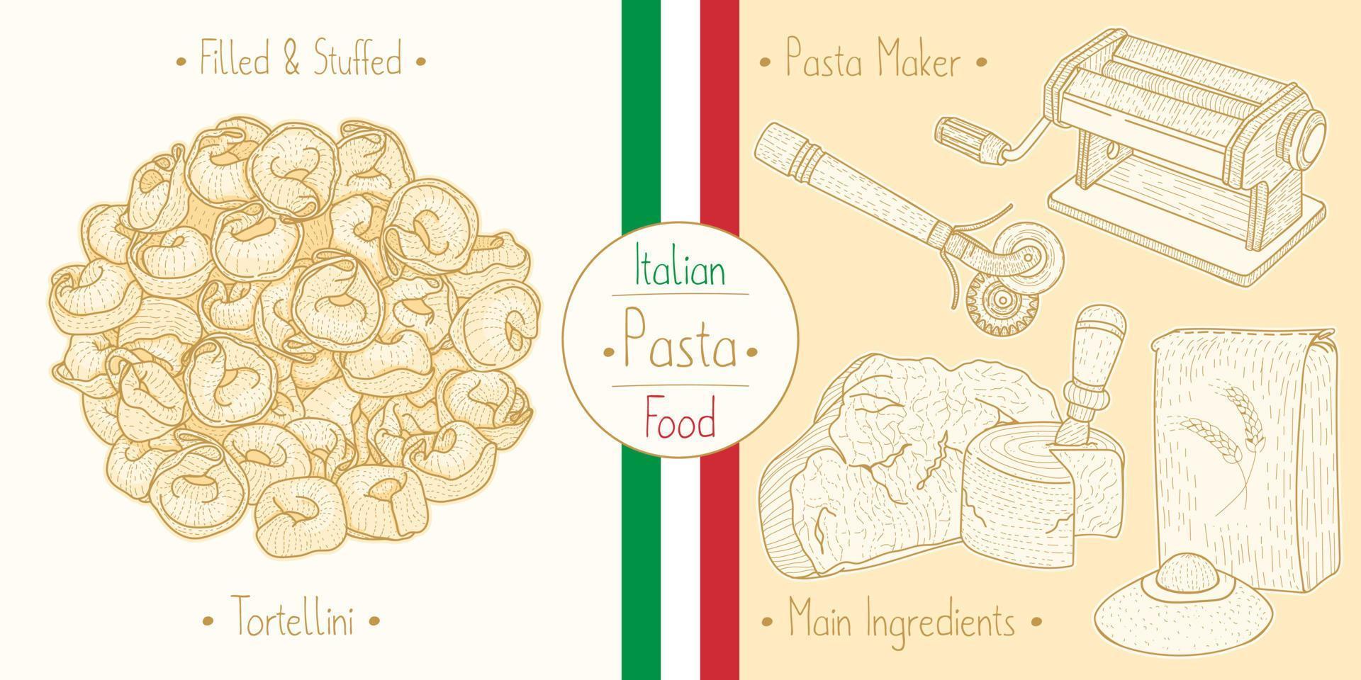 kochen italienisches essen gefüllte tortellini-nudeln mit füllung und hauptzutaten und ausrüstung für die nudelmaschine, skizzieren von illustrationen im vintage-stil vektor