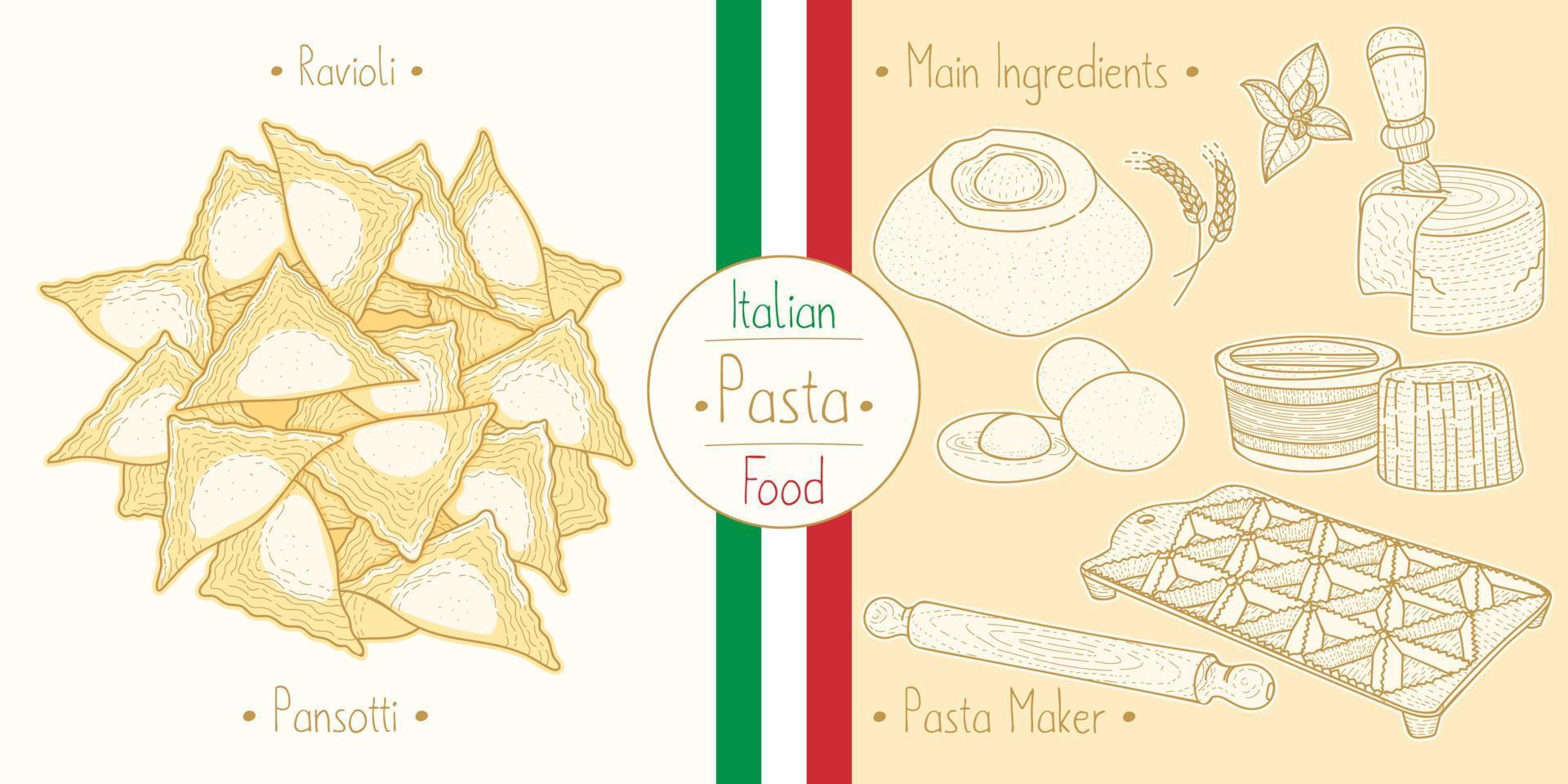 italiensk matpasta med fyllande ravioli pansotti, skissande illustration i vintagestil vektor