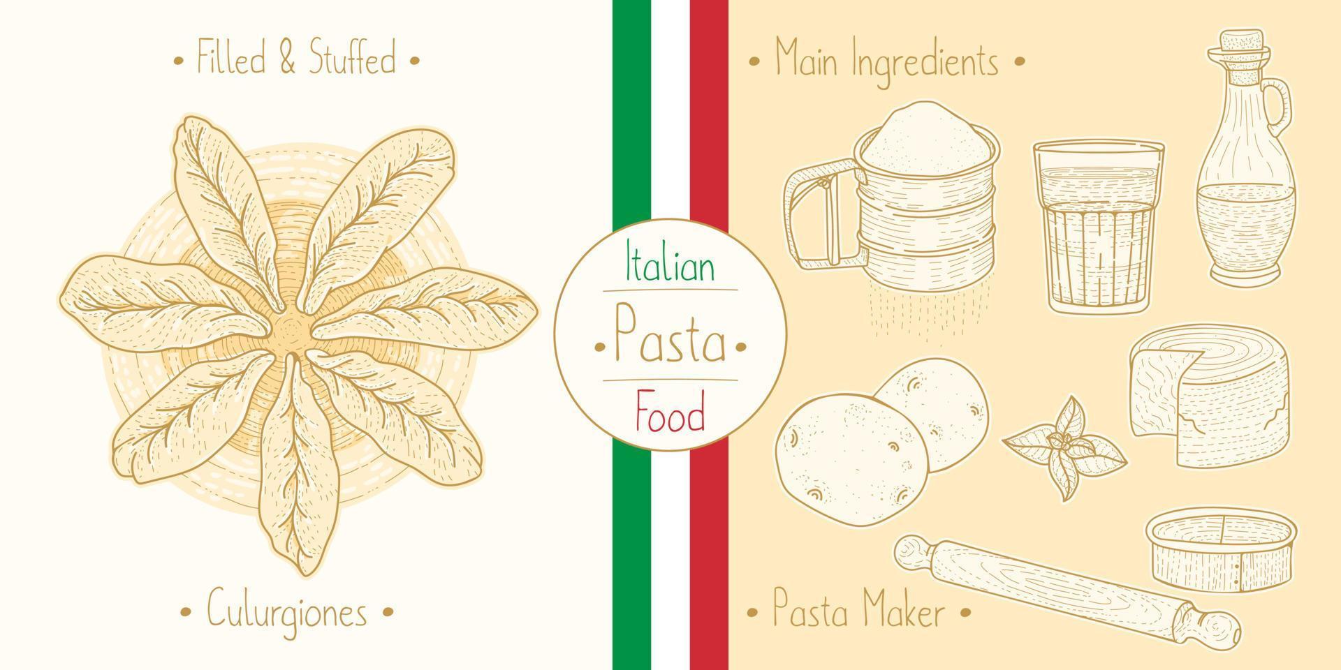 laga italiensk mat fylld culugrione pasta med fyllning och huvudingredienser och pastatillverkningsutrustning, skissar illustration i vintagestil vektor