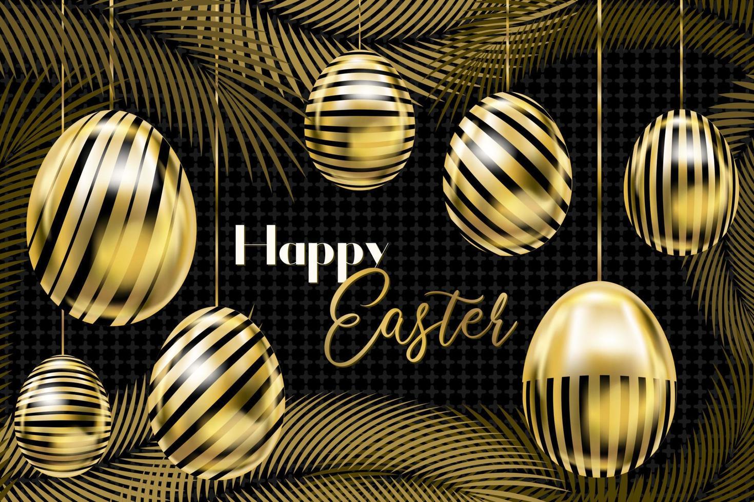 Fröhliches Osterbanner mit goldenen Eiern an den Seilen und Palmzweigen auf der schwarzen Karte vektor