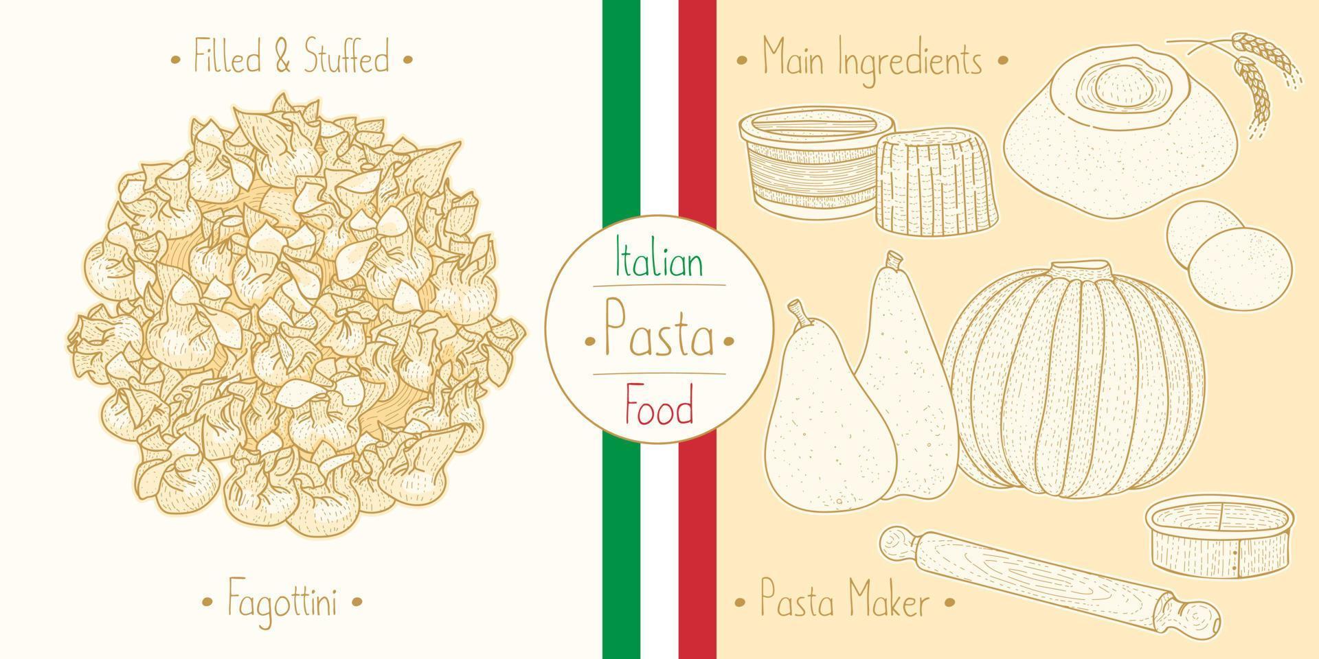 laga italiensk mat fylld fagottinipasta med fyllning och huvudingredienser och pastatillverkningsutrustning, skissar illustration i vintagestil vektor