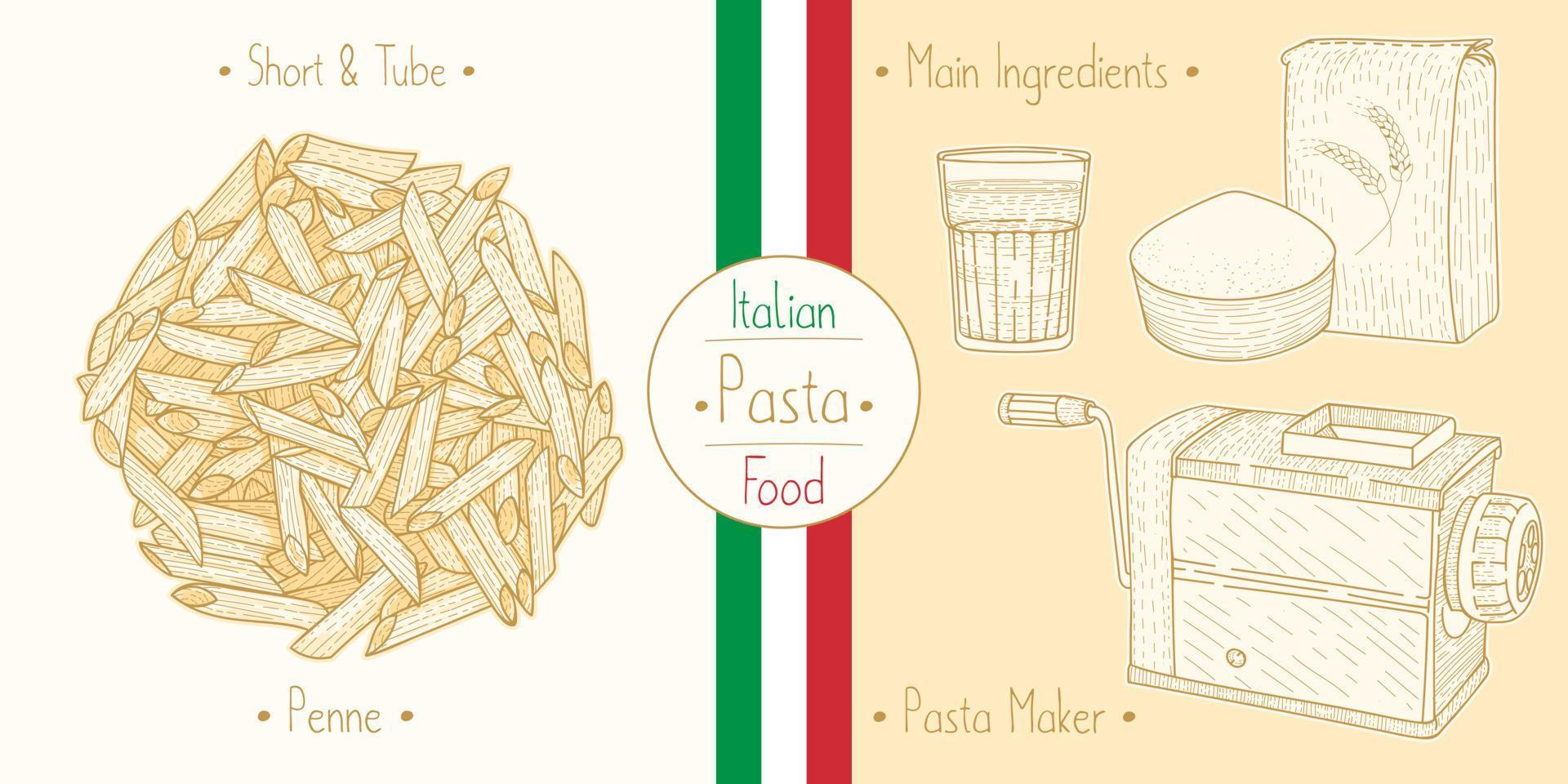 matlagning italiensk foodtube pasta penne och huvudingredienser och pastatillverkare utrustning, skissar illustration i vintage stil vektor