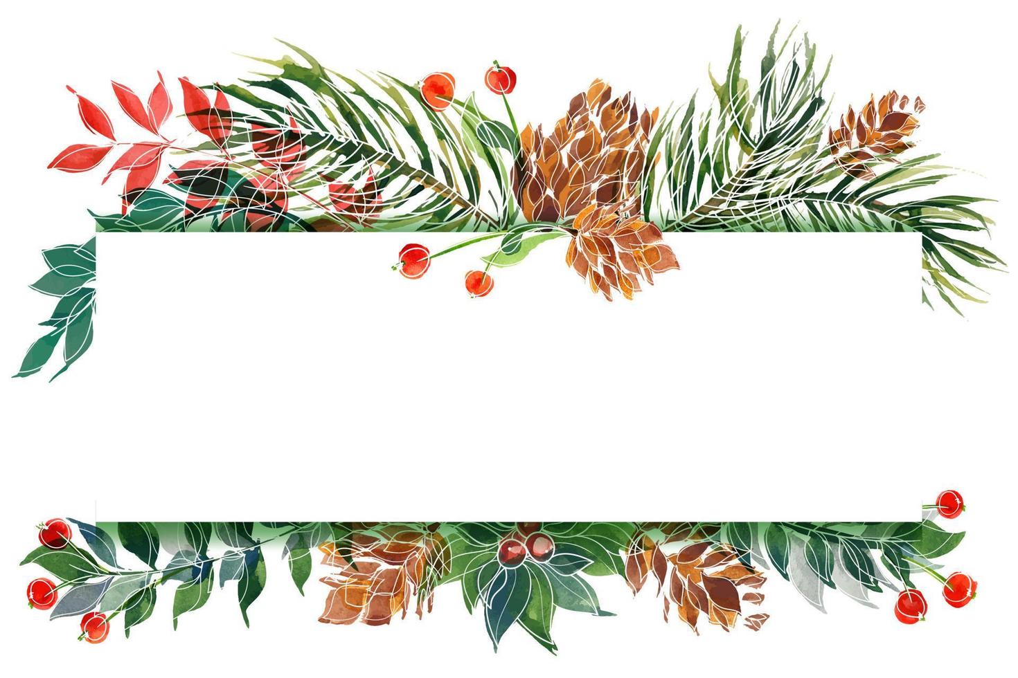 jul akvarell tall och holly och vinter växter kort. passande ram med plats för text för jul- och nyårshälsningar och inbjudningar vektor