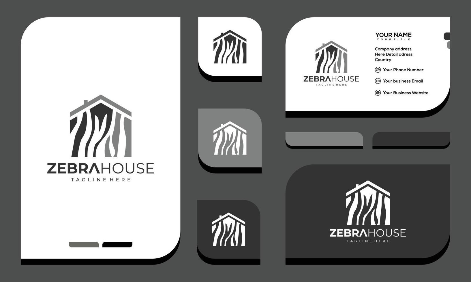 zebra med huslogotypdesign. vitt djur med svarta stripes.logo design och visitkort vektor