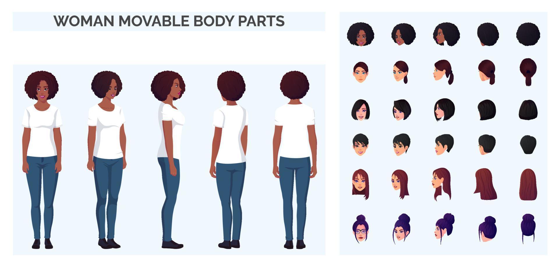 Zeichentrickfiguren-Erstellung mit einer Frau, die ein lässiges weißes T-Shirt und blaue Jeans trägt, multikulturelles Set vorne, hinten und seitlich. vektor