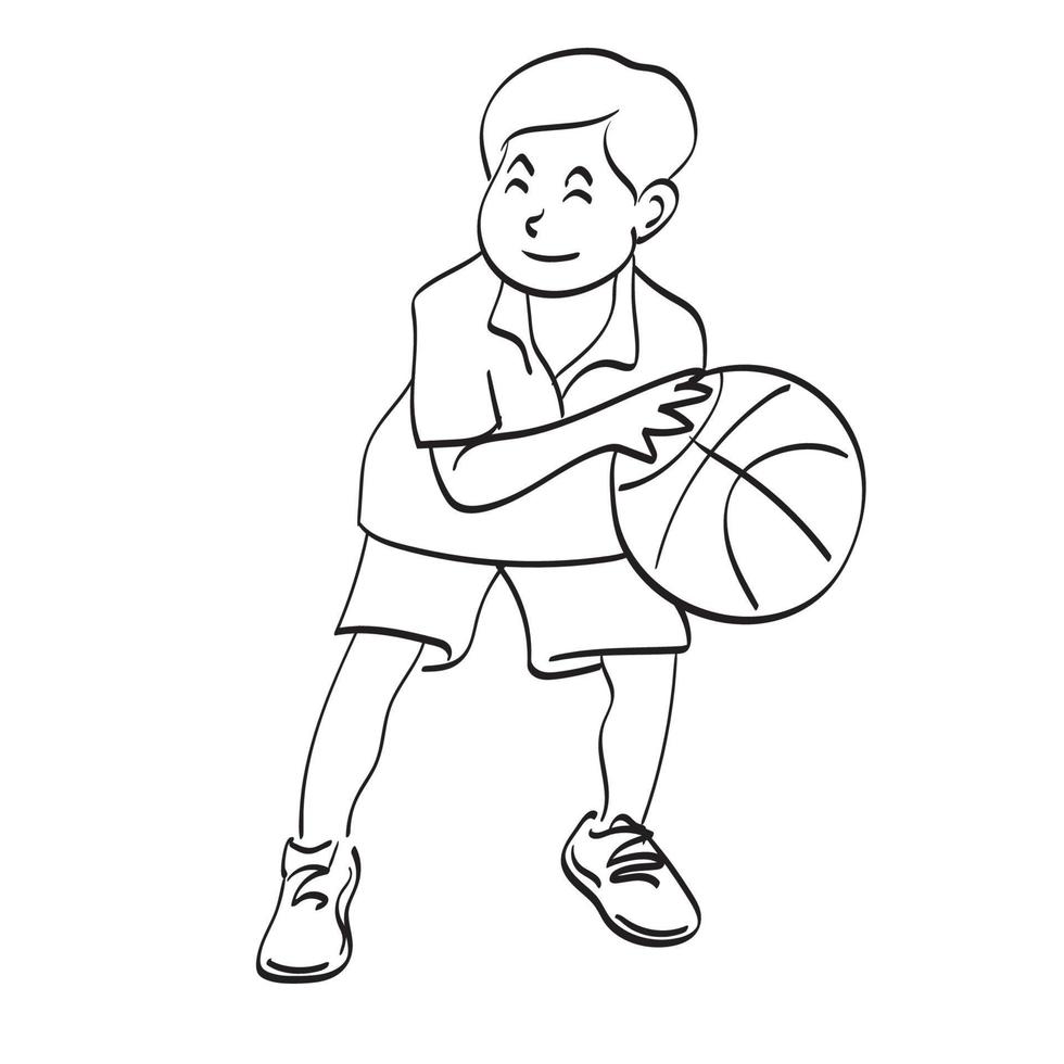 Strichzeichnungen Junge spielt Basketball Illustration Vektor handgezeichnet isoliert auf weißem Hintergrund