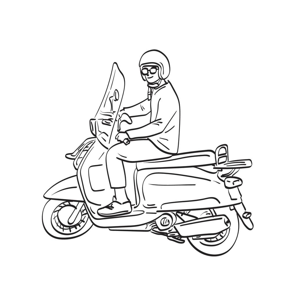 full längd man med hjälm rider retro motorcykel illustration vektor handritad isolerad på vit bakgrund linjekonst.