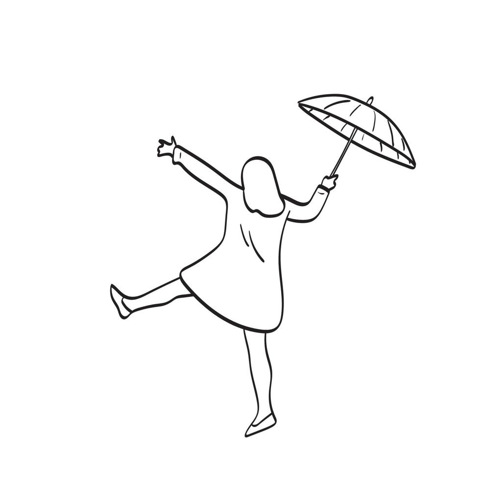 Linie Kunst Rückansicht der Frau mit Regenschirm springen Illustration Vektor handgezeichnet isoliert auf weißem Hintergrund