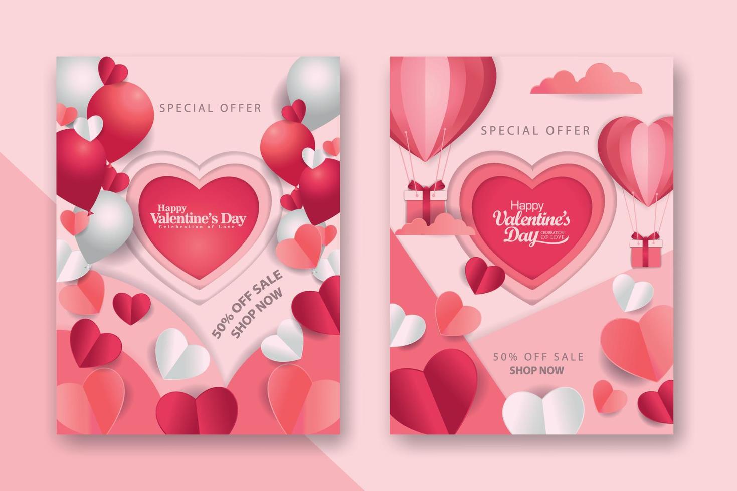 valentinstag-konzeptposter mit roten 3d- und rosa papierherzen und rahmen auf geometrischem hintergrund. süße Liebesverkaufsbanner oder Grußkarten vektor