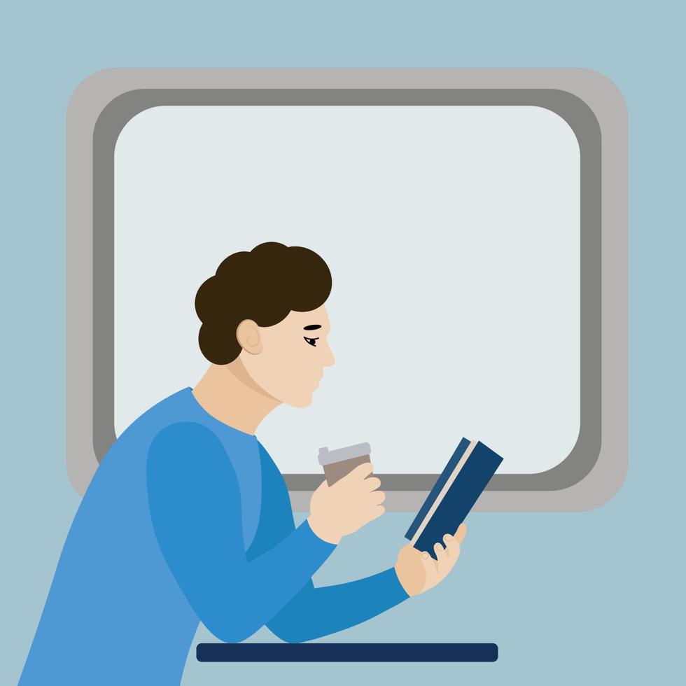 kille med en bok i ena handen och kaffe i den andra mot bakgrund av ett tågfönster, en platt vektor på vit bakgrund