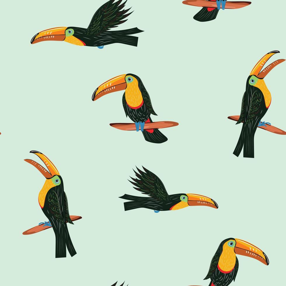 seamless mönster med tropisk tukan i olika poser. sommaren toucan vektor seamless mönster. för textil, tapeter, omslagspapper, ytor, förpackningar, bakgrunder, kort.