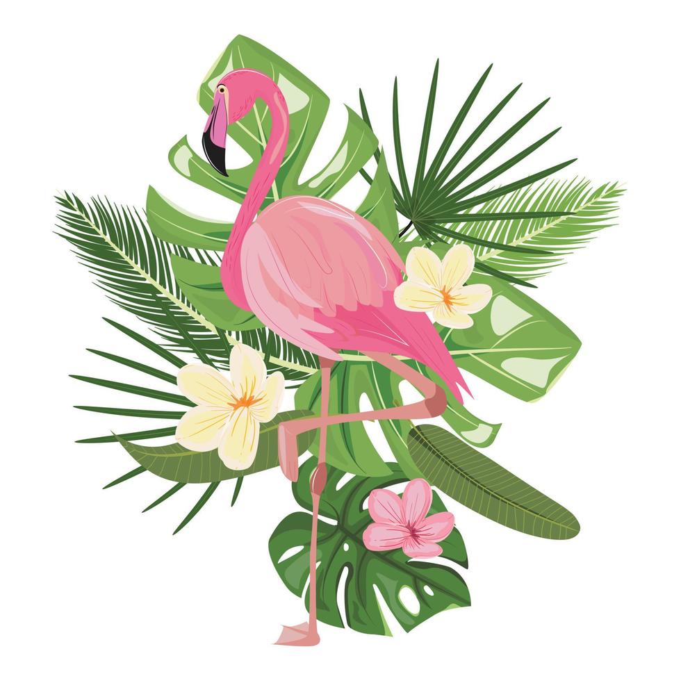 flamingo står på ett ben med tropiska löv på bakgrunden. färgglad tropisk illustration med flamingo. platt vektor illustration.