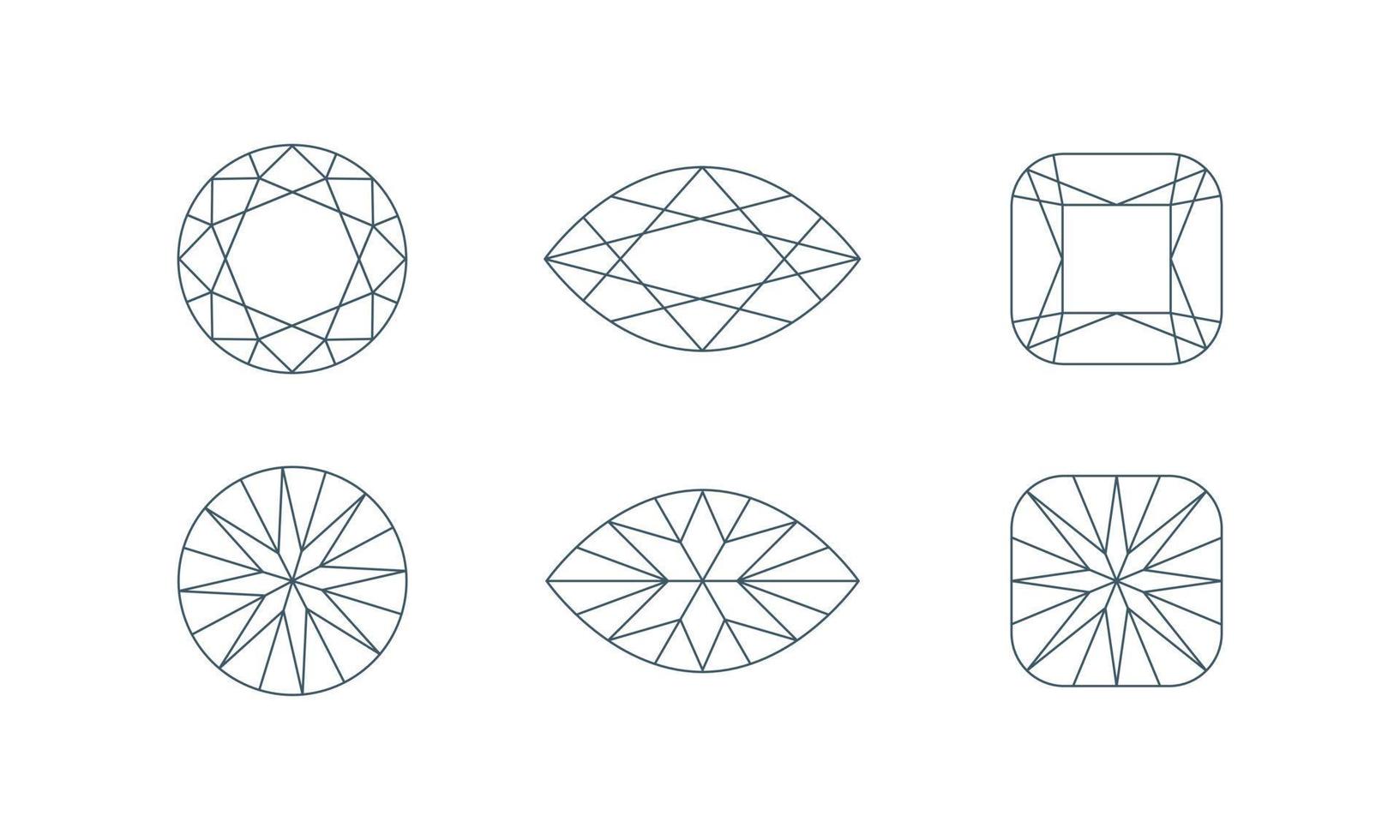 Diamantkristallformen. Vorder- und Rückansicht. Symbolsatz für die Schmucklinie. Vektor-Illustration vektor