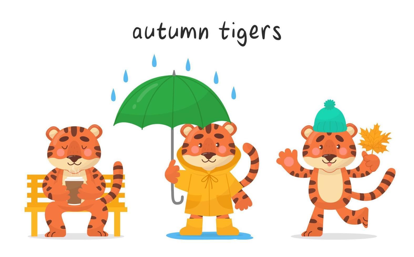 Satz von drei niedlichen Tigerfiguren. Charakter für jeden Herbstmonat. Vektor-Cartoon-Stil. Die Illustrationen eignen sich für Babyprodukte, Aufkleber, Banner und Poster. vektor
