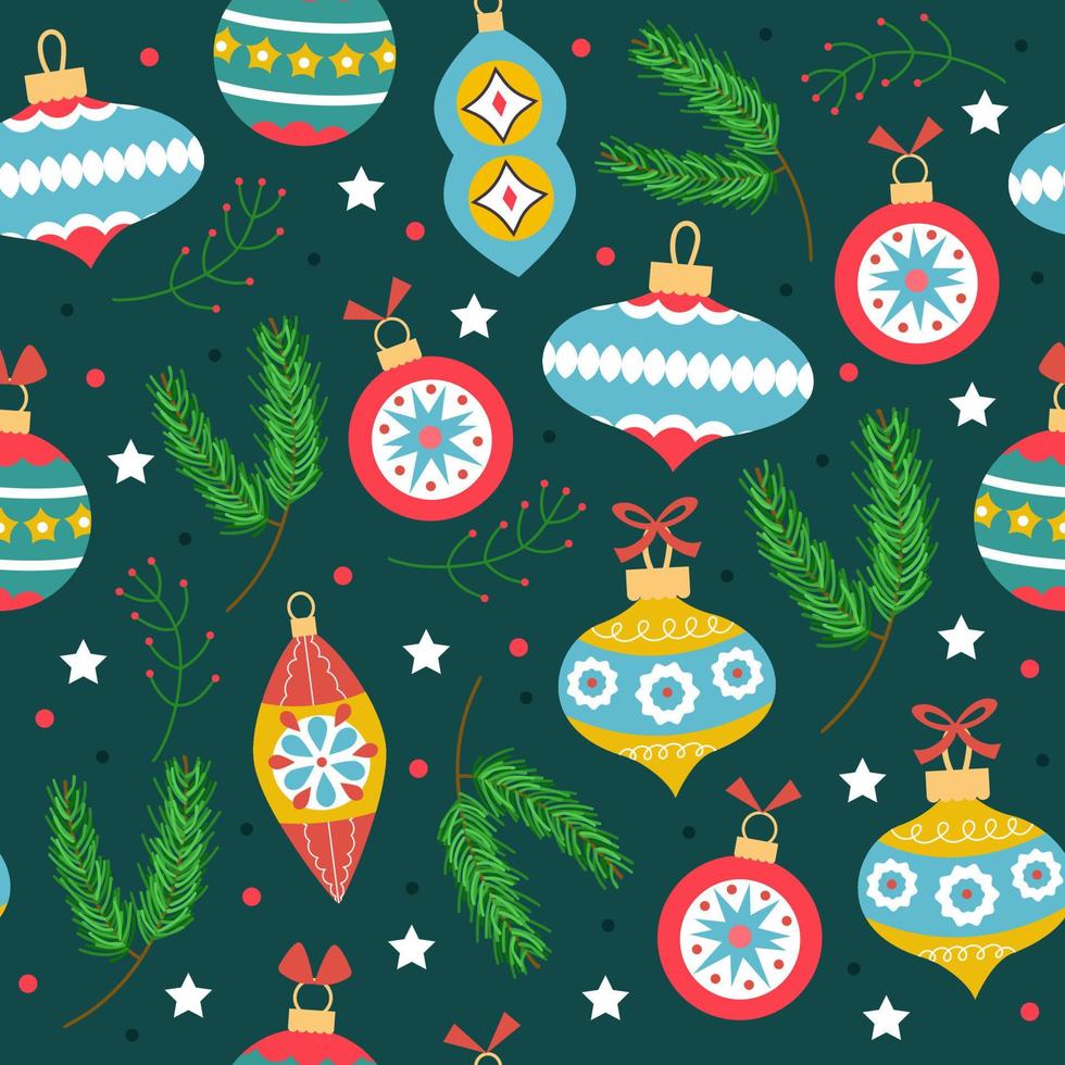 weihnachten und frohes neues jahr nahtloses muster mit weihnachtsdekorationen. vektorillustration im trendigen retro-stil. gut geeignet zum bedrucken von textilien, stoff, geschenkpapier. vektor