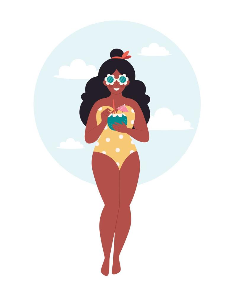 svart kvinna med sommarcocktail. hej sommar, semester, sommartid, sommarfest vektor