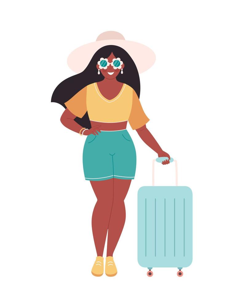 svart kvinna turist med resväska eller bagage. sommarlov, sommarresor, sommartid vektor
