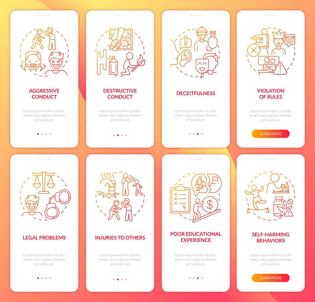 beteendestörning röd gradient onboarding mobilapp skärmuppsättning. genomgång 4-stegs grafiska instruktionerssidor med linjära koncept. ui, ux, gui mall. vektor