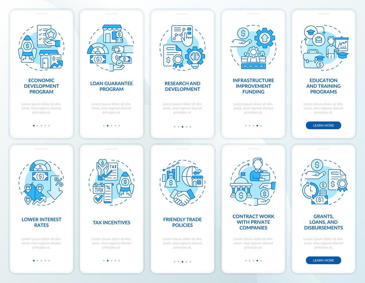 Incentives für kleine Unternehmen blauer Onboarding-Bildschirmsatz für mobile Apps. Support Walkthrough 5 Schritte grafische Anleitungsseiten mit linearen Konzepten. ui, ux, gui-Vorlage. vektor