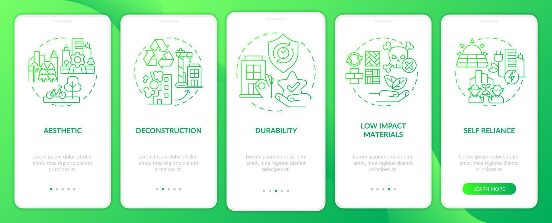 nachhaltiges stadtdesign grüner farbverlauf beim onboarding des mobilen app-bildschirms. Komplettlösung 5 Schritte grafische Anleitungsseiten mit linearen Konzepten. ui, ux, gui-Vorlage. vektor