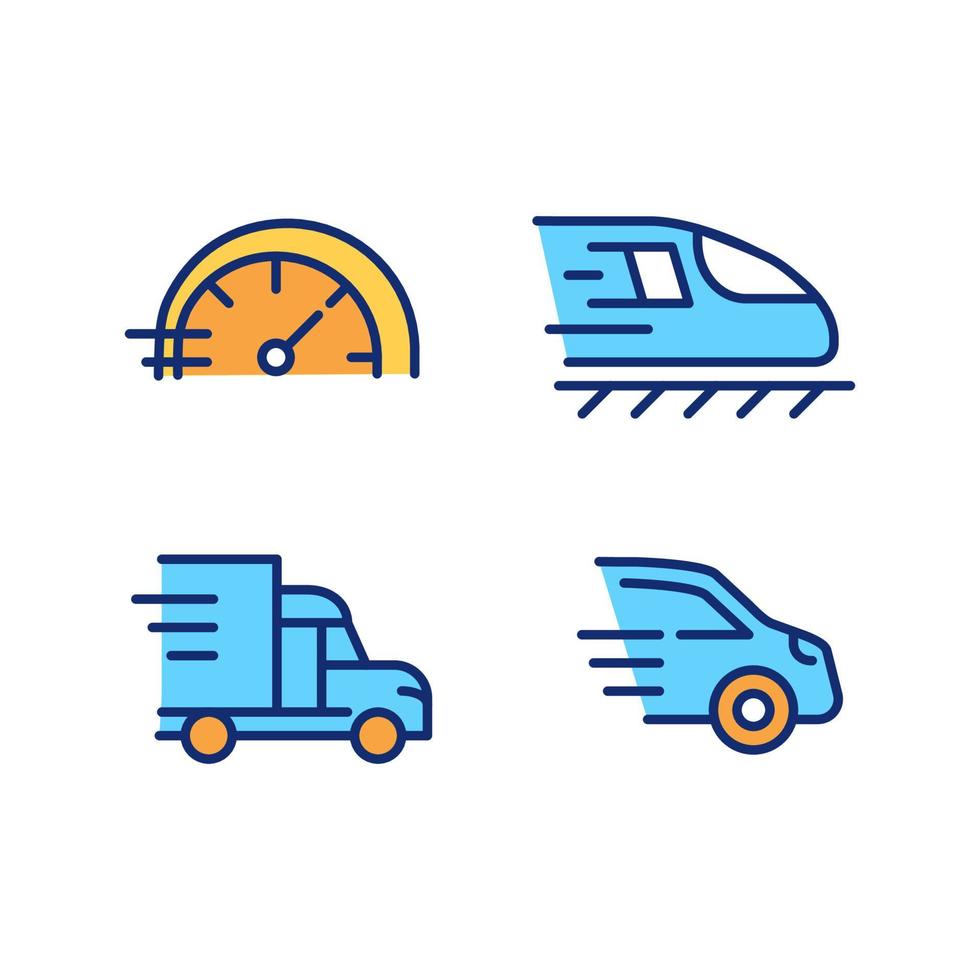 schnelle transportpixel perfekte rgb-farbsymbole gesetzt. Kraftfahrzeug. Zug und Auto. Lieferung und Versand. isolierte Vektorgrafiken. einfache Sammlung gefüllter Strichzeichnungen. editierbarer Strich vektor