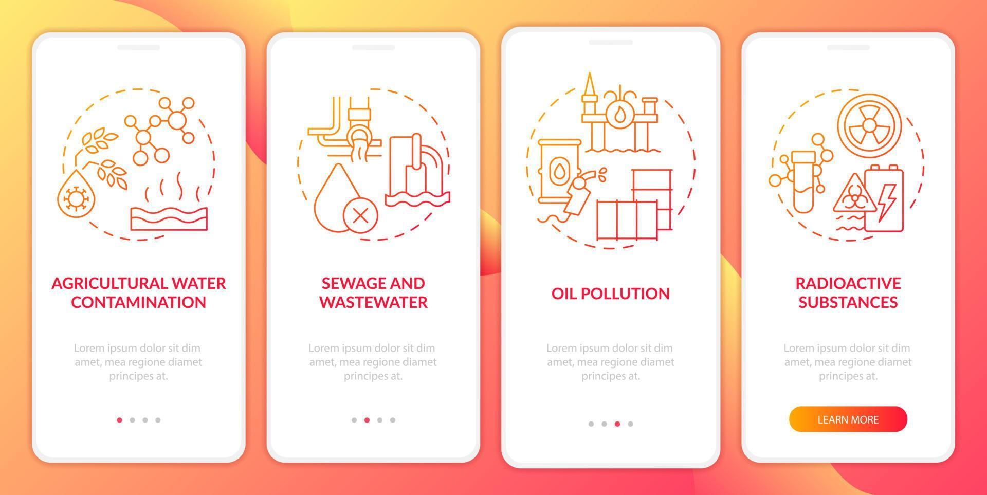 Wasserverschmutzung verursacht einen roten Farbverlauf beim Onboarding auf dem Bildschirm der mobilen App. Komplettlösung 4 Schritte grafische Anleitungsseiten mit linearen Konzepten. ui, ux, gui-Vorlage. vektor