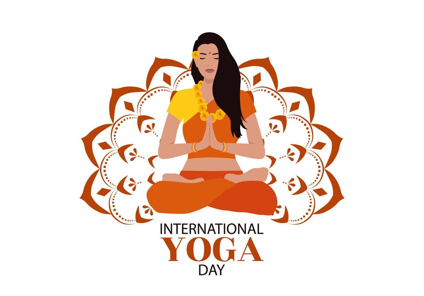 Frau meditiert in Lotus-Pose. Mandala-Vektor. internationaler yogatag 21. juni feierlichkeiten zum weltyogatag. Vektorbanner vektor