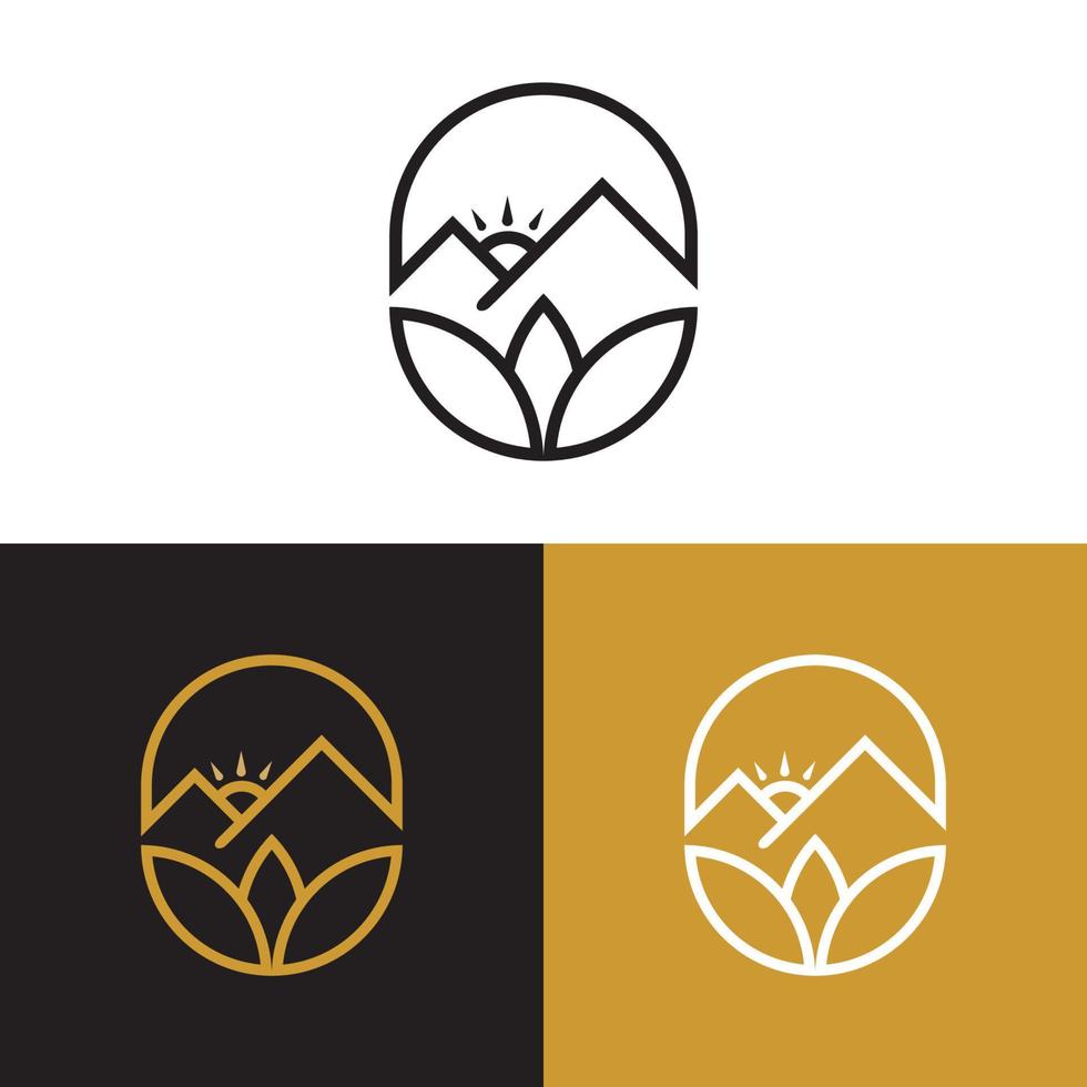 logotyp med bergs- eller kullevy på fönstret och 3 blad nedanför vektor