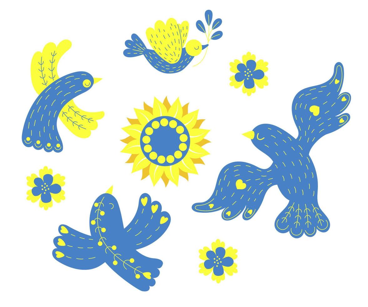 Sammlung dekorativer ukrainischer Vögel. schöne taube mit zweig, blumen und sonnenblumen. Gelbe und blaue Farben der ukrainischen Flagge. Vektor-Illustration. separate elemente für dekor, design, druck vektor