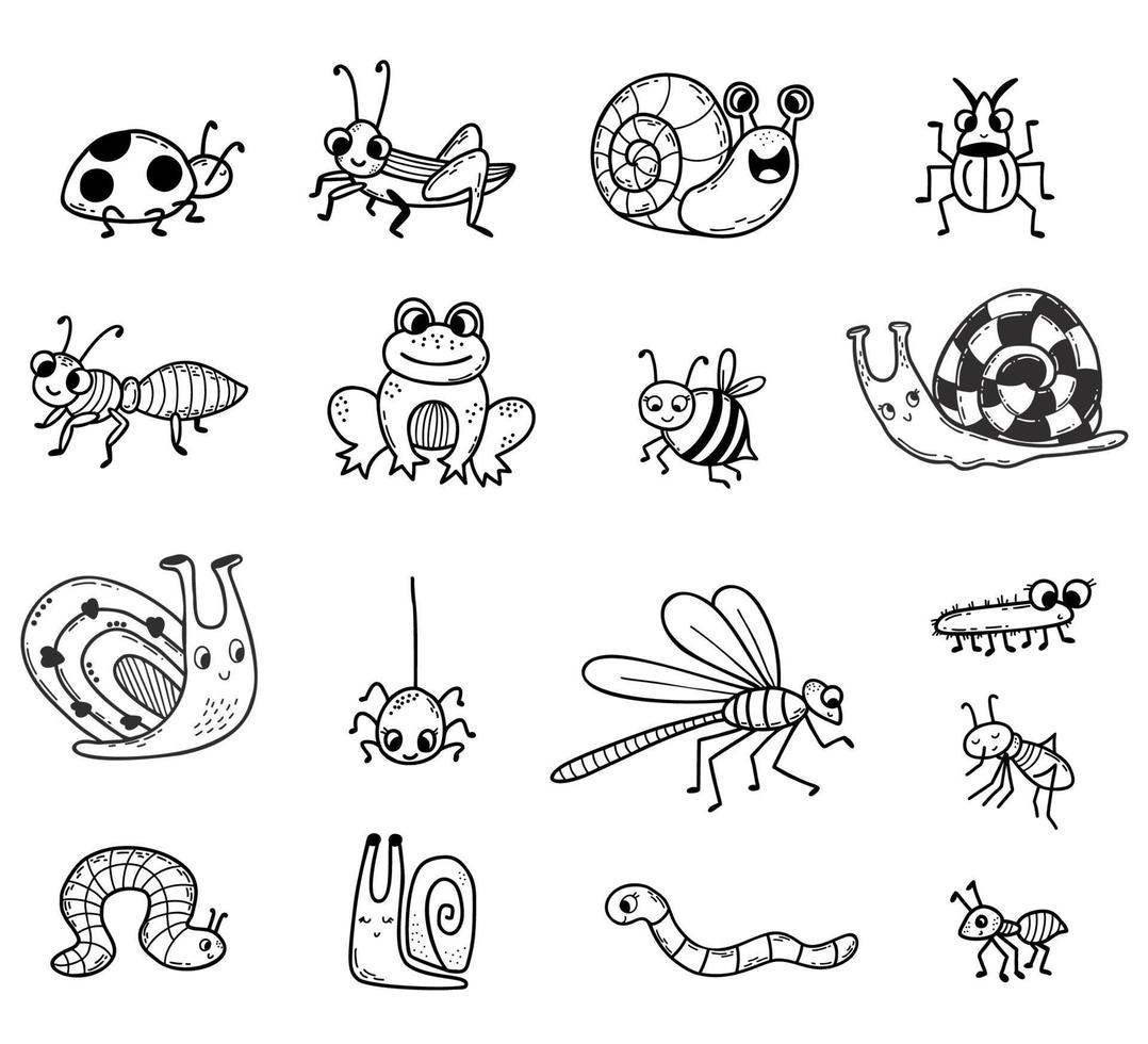 vektor samling av söta insekter. linjär handritad doodle. isolerade dekorativa karaktärer groda, snigel, skalbaggar och spindel, trollslända och bi, nyckelpiga och mygga för design, dekor, dekoration