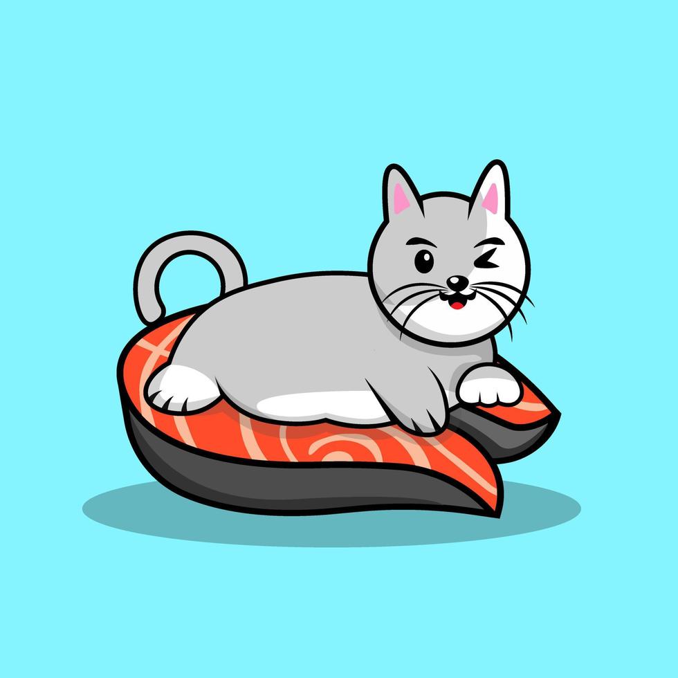 Katze auf Lachsdesign für Ihr Menü oder Restaurant. glückliche volle Katze auf einem Fisch. Vektor-Illustration. vektor