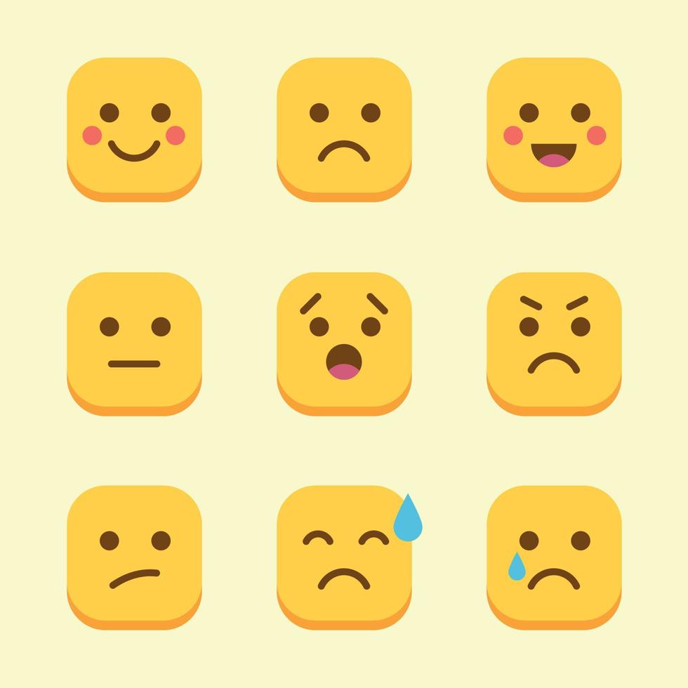uppsättning gula fyrkantiga emojis, uppsättning gula uttryckssymboler, fyrkantiga emojis vektor