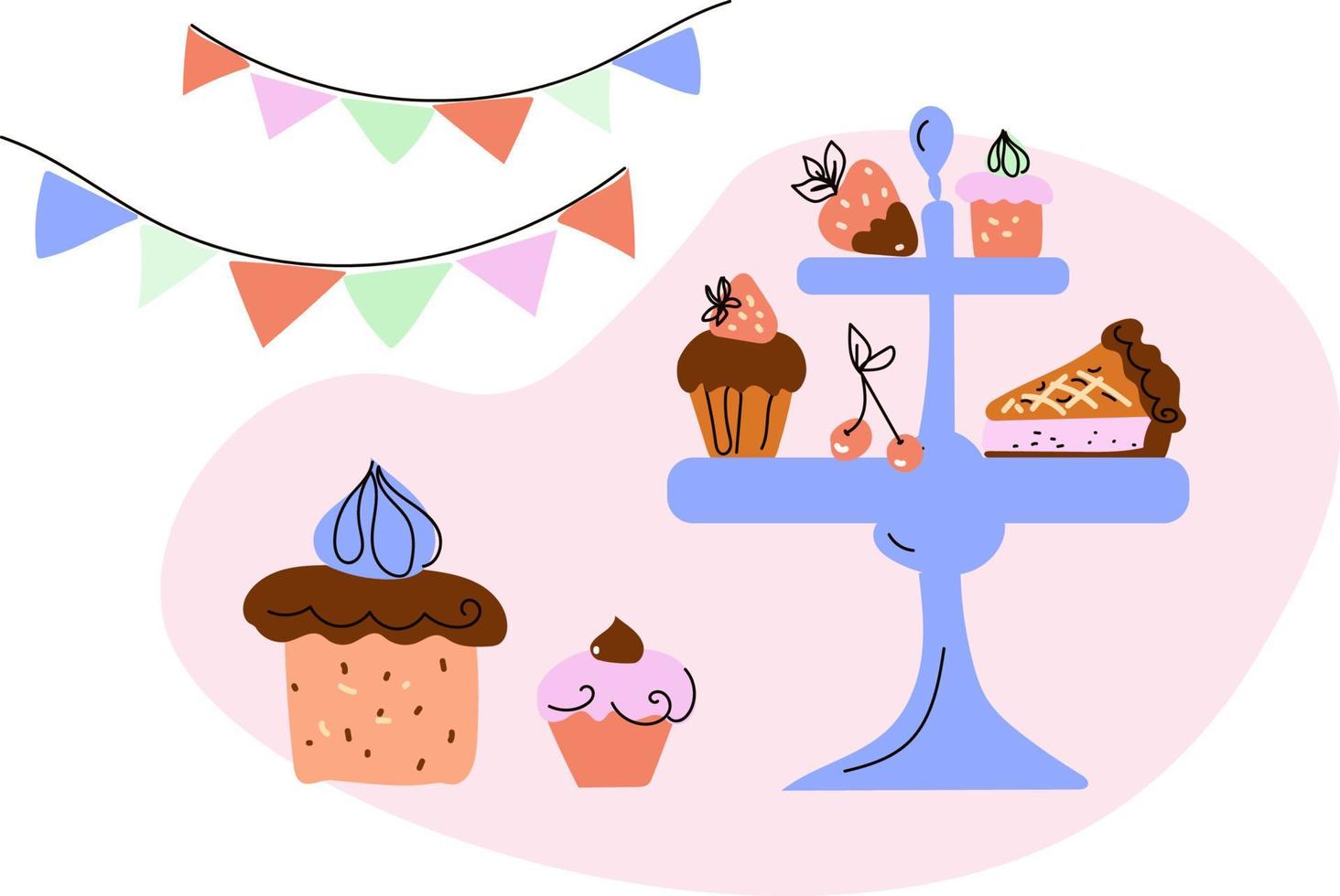 Nachmittagstee-Set mit Kuchen, Doodle-Skizze, handgezeichnetes Vektordesign. vektor