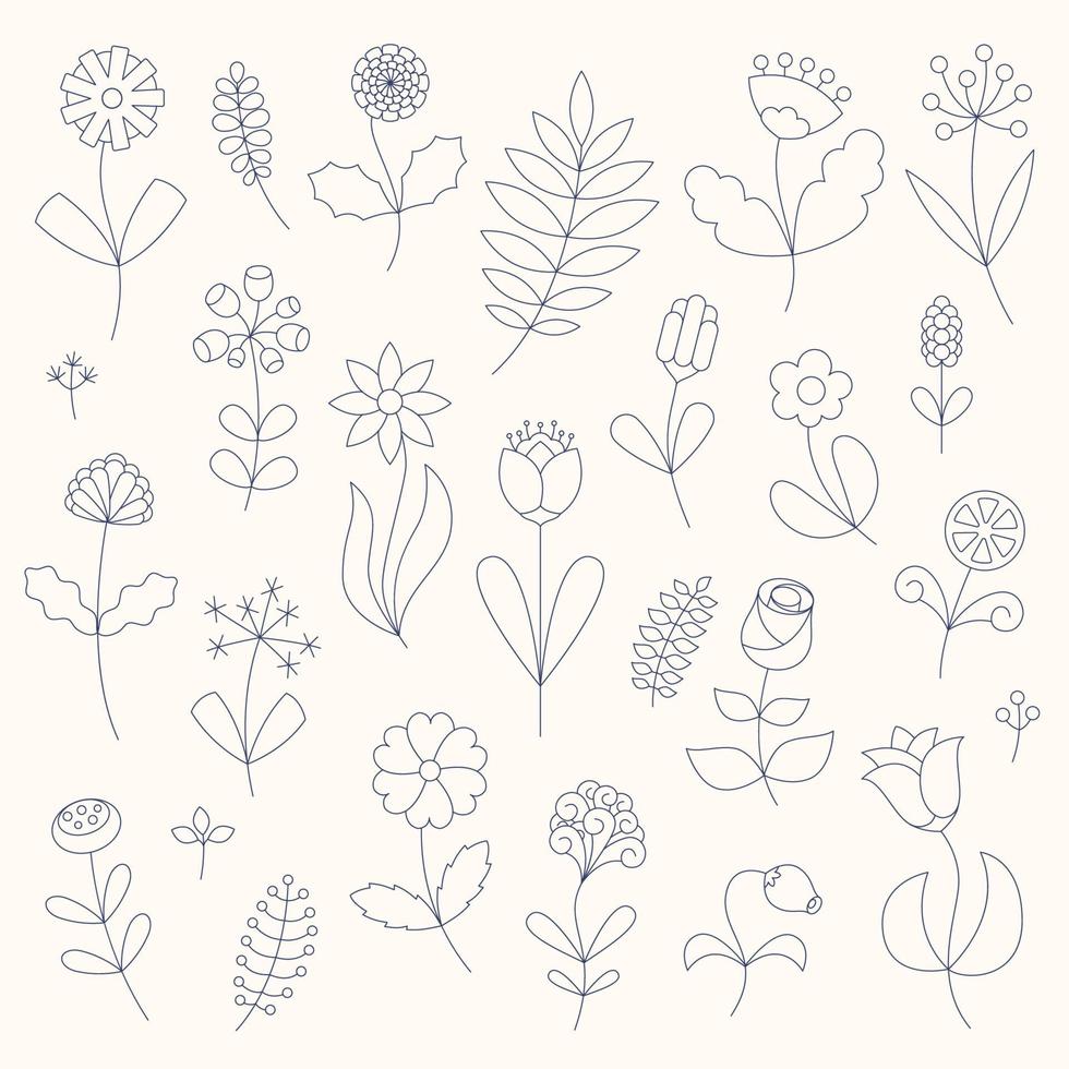 flower line art set. minimalistisk konturritning. blommiga symboler. vektor illustration