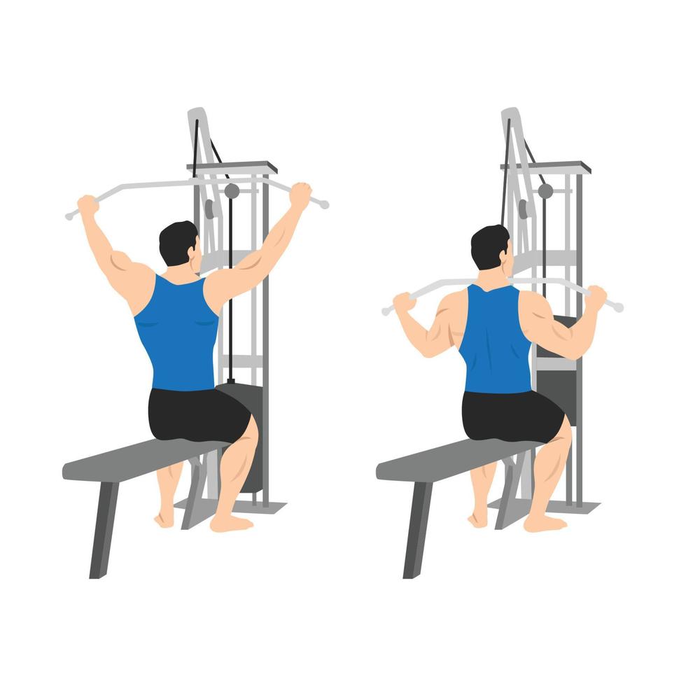 man gör sittande bred grupp lat pulldown platt vektorillustration isolerad på vit bakgrund vektor