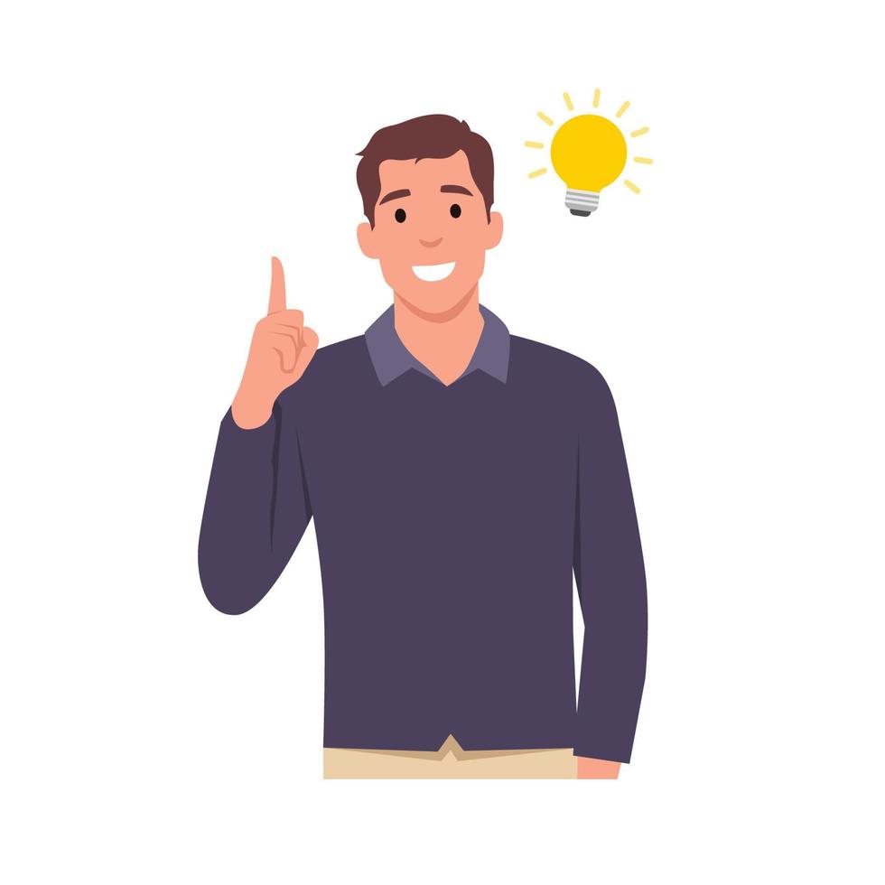 ung leende man seriefigur pekar upp pekfingret med bubbel glödlampa i pratbubblan. idé, innovation, kreativitet koncept. platt vektorillustration isolerad på vit bakgrund vektor