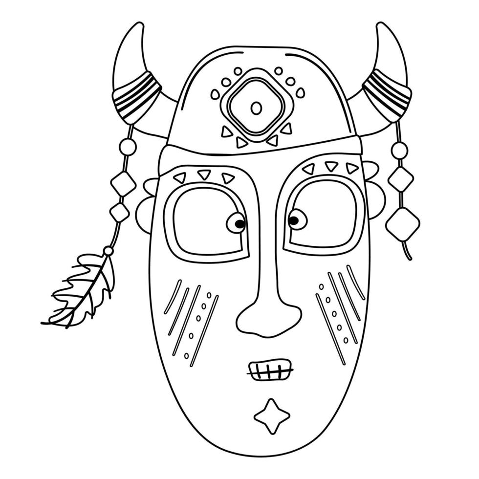Maske verziert mit Hörnern mit Federn und Ohrring im flachen naiven Stil vektor