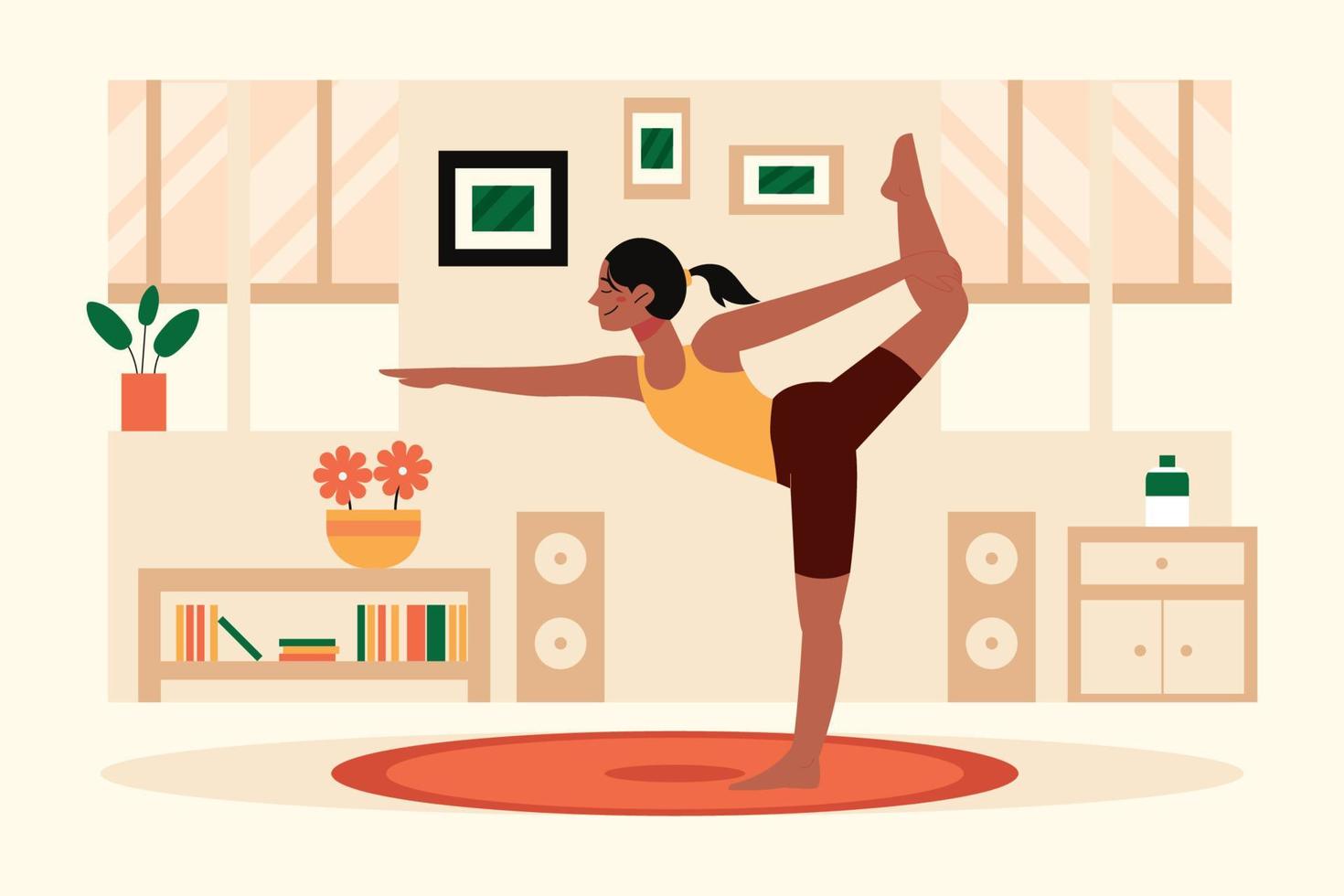 kvinna gör yoga hemma platt illustration vektor