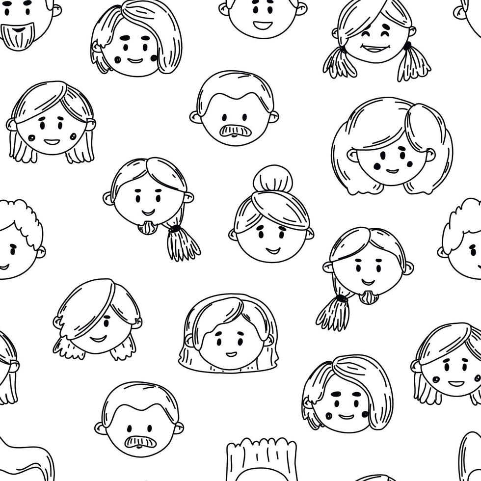 seamless mönster med folks ansikten skiss. handritade doodle stil. linjekonst. män och kvinnor med olika hår. seriefigurer. vektor illustration