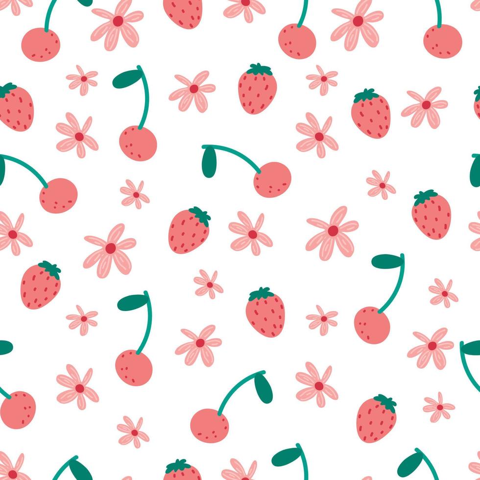 Kirschblüten Musterdesign. sommerbeeren, früchte, blätter, blumen frischer hintergrund. vektorillustration für frühlingsabdeckung, tropische tapetenbeschaffenheit, hintergrund vektor