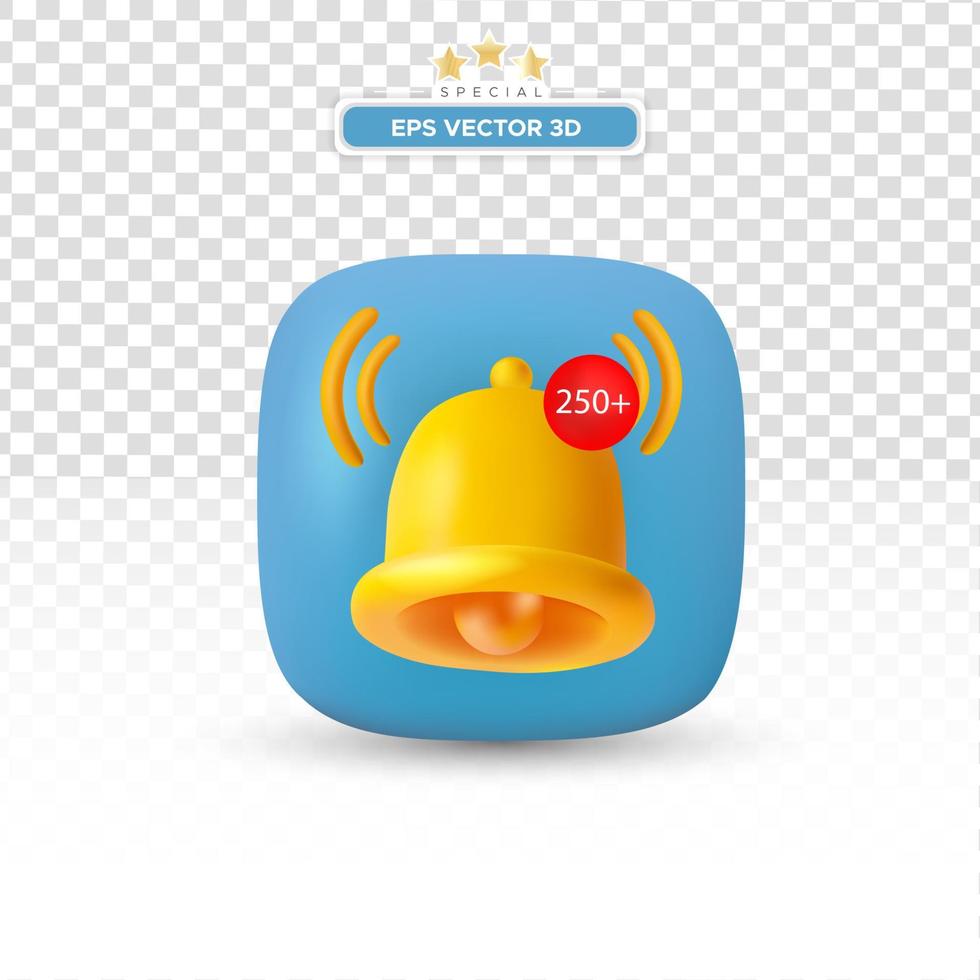 3D-Benachrichtigungsglocke-Icon-Set isoliert auf weißem Hintergrund. 3D-Render gelb klingelnde Glocke mit neuer Benachrichtigung für Social-Media-Erinnerung. realistisches Vektorsymbol vektor