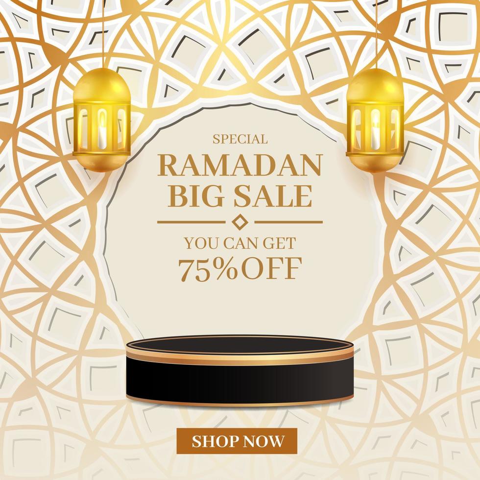 super sale ramadan kareem banner mit einem leeren podium, social-media-site mit laterne und wolken 3d vektor