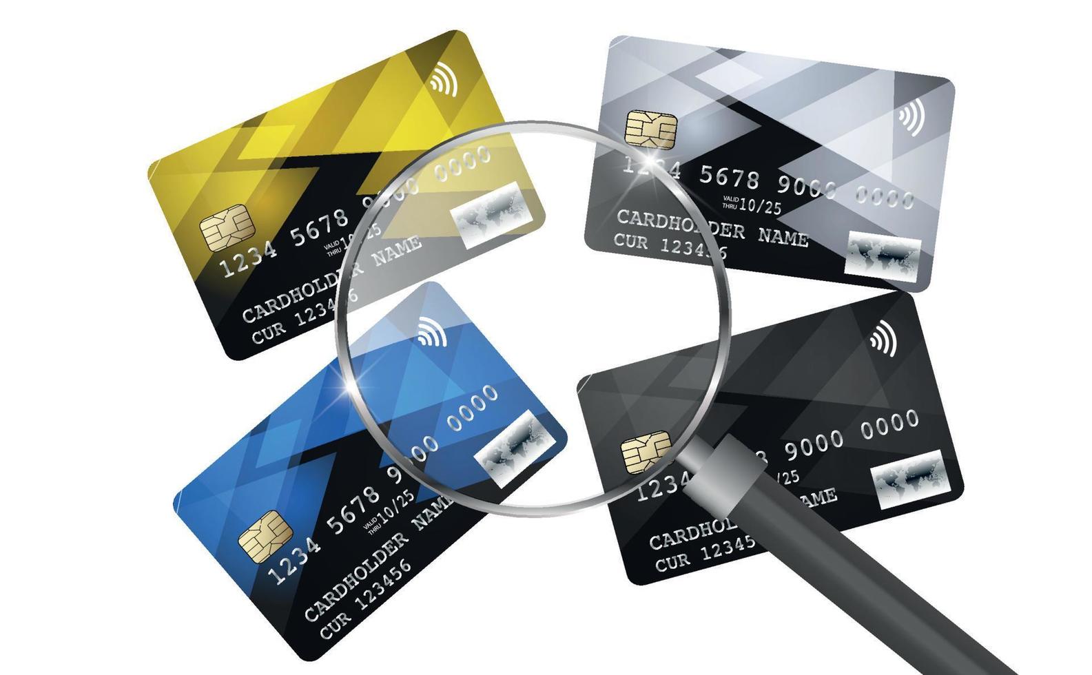 en uppsättning av fyra flerfärgade plastbanker, kreditkort, olika valörer under ett förstoringsglas. multikort. vektor illustration