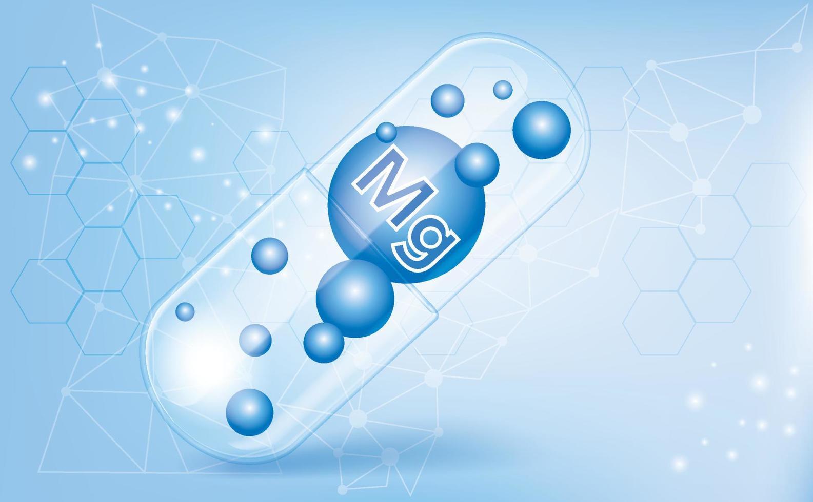 mineraler mg, magnesium, vitamin inuti en genomskinlig kapsel, makronäringsämne, kosttillskott på blå gradientbakgrund, medicinsk informationsaffisch. vektor illustration