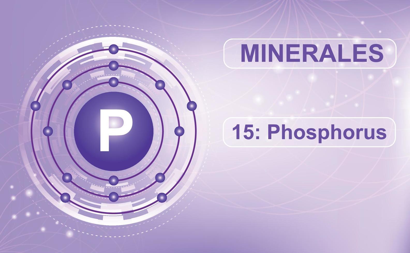 schema för elektronskalet för mineralet och makroelementet p, fosfor, element 15 i det periodiska systemet för grundämnen. abstrakt lila bakgrund. informationsaffisch. vektor illustration