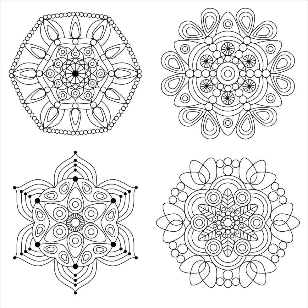 Mandala-Färbung Blumen- und Blumen-Mandala-Rundverzierung 4 Stil. vintage dekorative elemente vektor