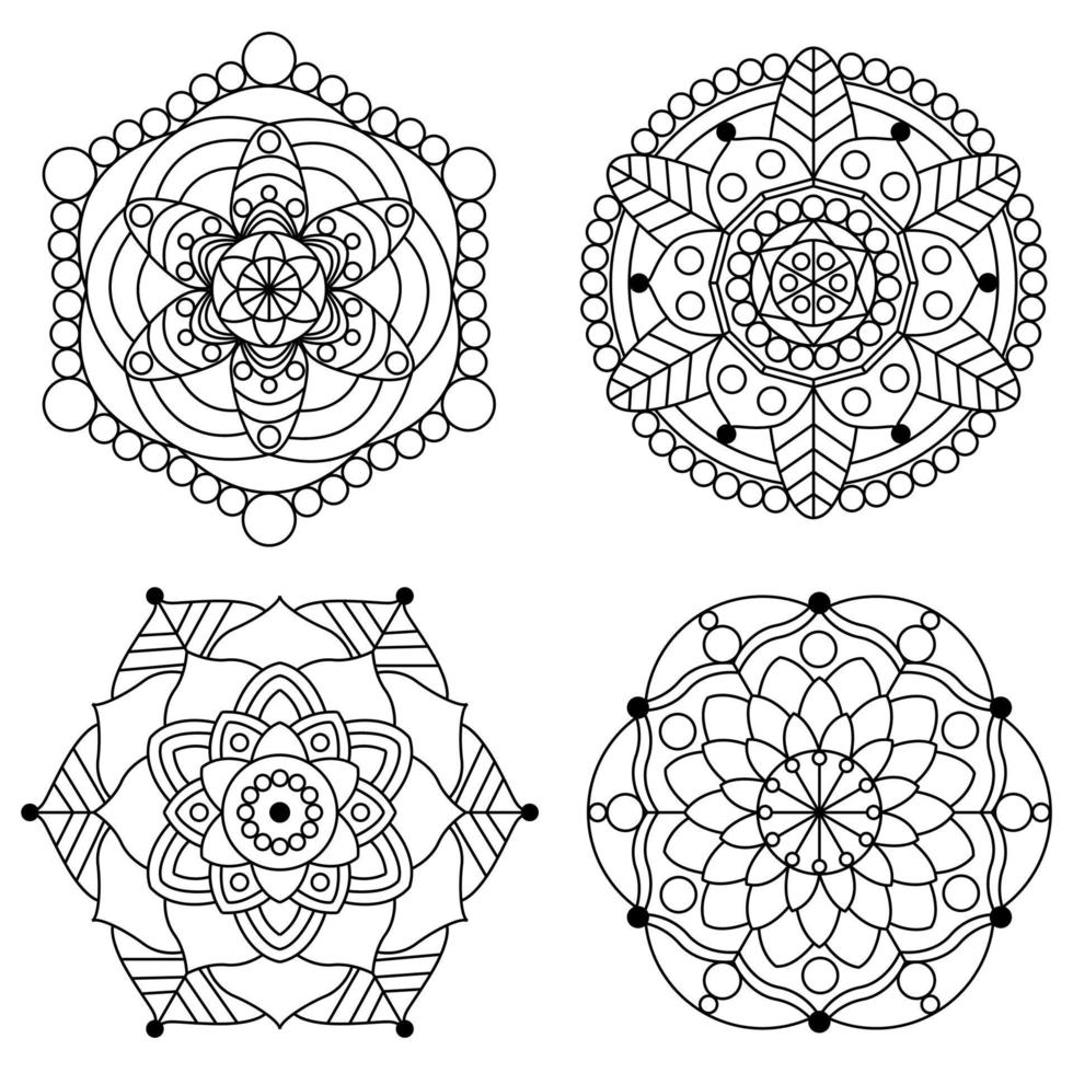 Mandala-Färbung Blumen- und Blumen-Mandala-Rundverzierung 4 Stil. vintage dekorative elemente vektor